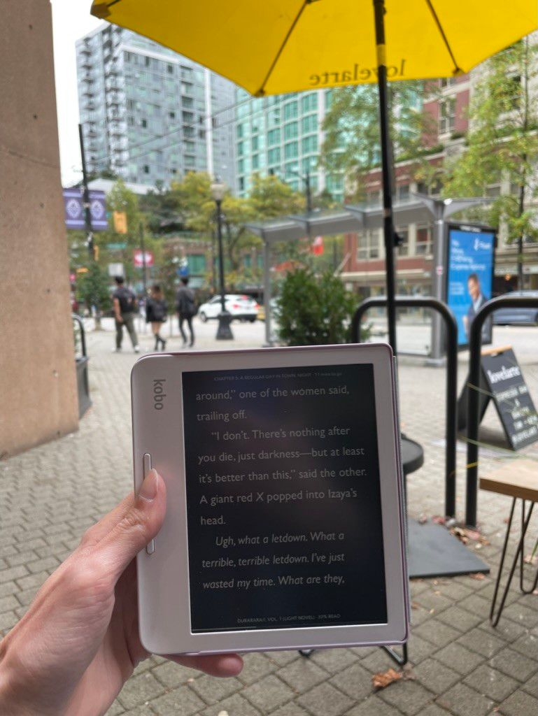 Photo showing a Kobo with the light novel text in it, and a street on the back